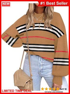 Womens Oversized Striped Knit Pullover Sweater Long Sleeve Crewneck